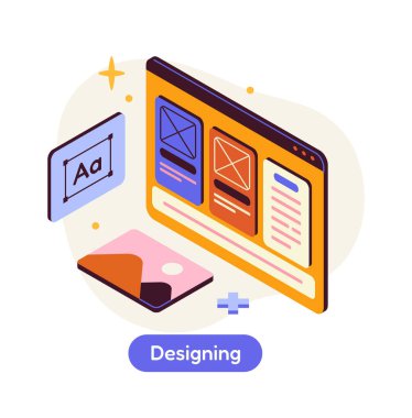 Yazılım geliştirme aşaması. Uygulama ya da program geliştirme süreci. ui ve ux elementleri tasarlamak ve yaratmak. Beyaz arkaplanda izole edilmiş Isometric 3B vektör illüstrasyonu