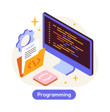 Yazılım geliştirme aşaması. Uygulama ya da program geliştirme süreci. Bilgisayar programlama ve yazma kodu. Beyaz arkaplanda izole edilmiş Isometric 3B vektör illüstrasyonu