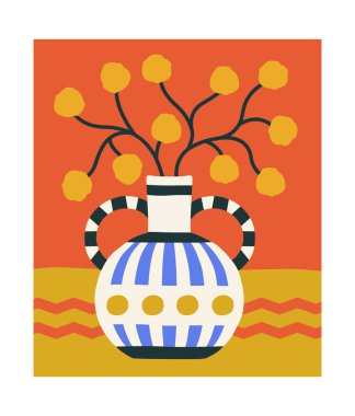 Hala hayat posteri. Ağaçlı vazo ve sarı fetüs. Seramik sürahi ve bitki içeren minimalist broşür. Dekorasyon ve iç unsurlar. Rahatlık ve rahatlık. Broşür ve kitapçık. Düz vektör illüstrasyonu