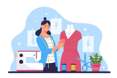 Kıyafetlerin terziliği. Pembe elbiseli aptal bir kadın. Stüdyoda ya da atölyede terzi ve terzi. Kıyafetli bir moda tasarımcısı. Düz vektör çizimi beyaz arkaplanda izole edildi