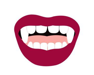 Kadın dudak çıkartması. Rujlu ve sivri vampir dişli dişi dudaklar. Güzellik estetiği ve zarafet. Sosyal ağlar için etiket. Düz vektör çizimi beyaz arkaplanda izole edildi