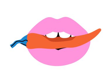 Kadın dudak çıkartması. Sıcak kırmızı biberli dolgun kadın dudakları. Güzellik estetiği ve zarafet. Sosyal ağlar için etiket. Düz vektör çizimi beyaz arkaplanda izole edildi