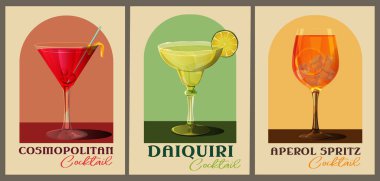 Kokteyl retro posterleri. Ferahlatıcı alkollü içeceklerin olduğu antika broşürler. Cosmopolitan, Aperol Spritz ve Daiquiri. Bar menüsü için tasarım ögeleri. Vektör illüstrasyonu arkaplanda izole edildi