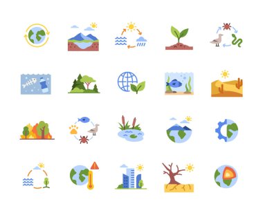 Ekosistem simgeleri kümesi. Orman ve gölet ekosistemi, besin zinciri ve su döngüsü gibi basit işaretler. Uygulama için tasarım ögeleri. Düz vektör illüstrasyon koleksiyonu beyaz arkaplanda izole edildi