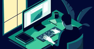 Freelancer bilgisayarda çalışıyor. İç işlerinde uzaktan çalışan bir erkek programcıyla afiş taşımak. Uzaktan çalışan ya da çalışan, iş yerinde proje ya da görevi tamamlar. Isometric 3D Canlandırılmış Grafikler