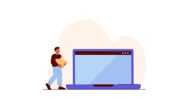 Kullanıcı deneyimi analizi. Büyük dizüstü bilgisayarın yanında duran ve dijital ürünün kullanıcı arayüzüne geri bildirim veren bir afiş. Web sitesi veya uygulamanın değerlendirilmesi. Çizgi film düz animasyon grafikleri