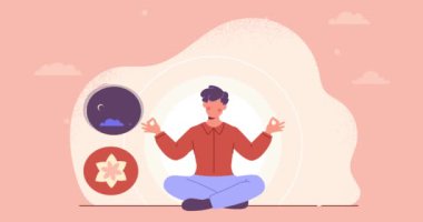 Sağlıklı yaşam için sağlıklı alışkanlıklar. Nilüfer pozisyonunda meditasyon yapan bir adamın afişi. Akıl sağlığı için günlük rutin bir uygulama. İyi uyku, aktif yaşam tarzı ve düzgün beslenme. Çizgi film düz animasyon grafikleri