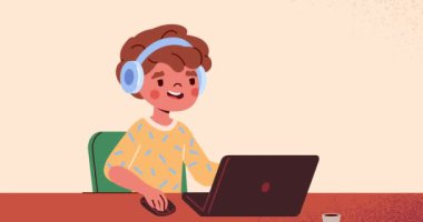 Uzaktan eğitim. Mesafeli internet dersinde öğretmenle iletişim kuran mutlu çocukla afiş taşımak. Öğrenmek ve çalışmak. Çocuklar ya da öğrenciler evde öğrenirler. Çizgi film düz animasyon grafikleri