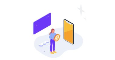 Kredi onayı. Akıllı telefon ekranında duran bir kadının afişini taşımak ve internetten kredi kartıyla alışveriş yapmak. Karakter bankadan kredi çeker. Isometric 3D Canlandırılmış Grafikler