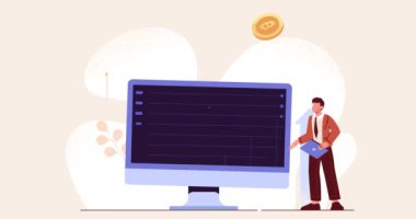 Kripto para yatırımı. Borsada dijital para ve bitcoin ticareti yapan bir erkek girişimci afişi taşıyordu. Döviz kurları ve mali yönetim. Çizgi film düz animasyon grafikleri