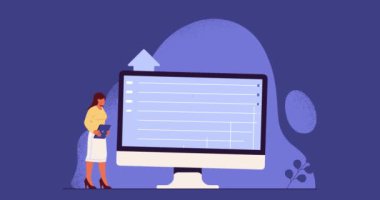 Kripto para yatırımı. Borsada kadın girişimci döviz ve dijital para ticareti yapan hareketli afişler. Finansal Analiz ve Kâr Büyümesi. Çizgi film düz animasyon grafikleri