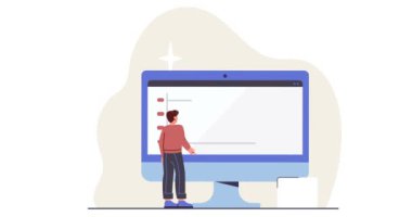 Borsa konsepti. Finansal istatistikleri, çizelgeleri ve şemaları bilgisayar ekranında analiz eden adamla birlikte afişi hareket ettiriyorum. Borsa yatırımları ve pasif gelir. Çizgi film düz animasyon grafikleri