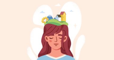 Yaratıcı fantezi düşüncesi. Yaratıcı hayal gücü ve ilhamı olan mutlu bir kızla birlikte afiş taşımak. Hayal kurmak, beyin fırtınası yapmak, düşünceli olmak ve fikirler üretmek. Çizgi film düz animasyon grafikleri