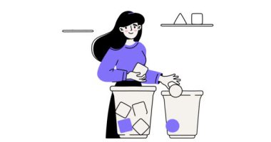 Nesneleri sıralıyorum. Çeşitli geometrik şekiller taşıyan mutlu bir kızın olduğu afişleri farklı sepetlere ayırmak. Kareli, daireli ve üçgenli kaplar. Çizgi düz canlandırılmış grafikler