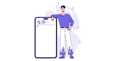 Sosyal Medya Pazarlama. İnsanlarla birlikte afiş taşımak büyük akıllı telefonun yanında duruyor ve sosyal ağlar için içerik yaratıyor. Reklamcılık, promosyon ve seyirci çekmek. Çizgi film düz animasyon grafikleri