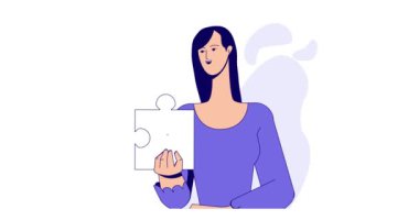 Sosyal Medya Pazarlama. Değişik içerikli yapboz parçaları tutan bir kadının afişi. Promosyon, yaratıcılığın tekelleştirilmesi ve çekici izleyiciler. Çizgi film düz animasyon grafikleri