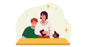 Akıllı telefonu olan insanlar. Mutlu genç arkadaşlar grubuyla birlikte telefonda videolar izleyip tartışıyoruz. Karakterler dijital cihazlar ve aletler kullanır. Çizgi film düz animasyon grafikleri