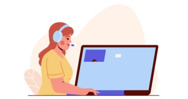 Dijital eğitim. Dişi öğretmenin çevrimiçi konferans verdiği ya da öğrencilere bilgisayar ekranında ders verdiği afişleri taşımak. Uzak webinar ya da tabii ki. Öğrenmek ve çalışmak. Çizgi film düz animasyon grafikleri