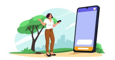 İnternetten arkadaş arıyorum. Büyük akıllı telefonun yanında duran ve sosyal medyada yeni arkadaşını selamlayan bir kadınla afiş taşımak. Karakter, internette iletişim ve sohbet. Çizgi film düz animasyon grafikleri