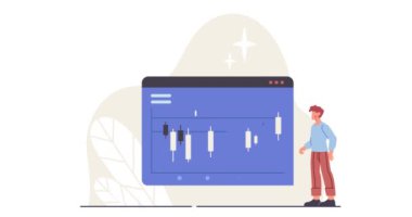Borsa konsepti. Borsa varlık büyümesi istatistiklerinin web sayfasının yanında duran erkek tüccarın afişi. Yatırım ve artan gelir. Çizgi film düz animasyon grafikleri