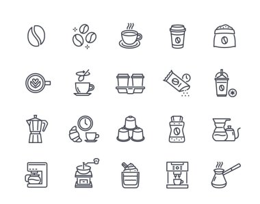 Kahve çizgisi simgeleri hazır. Kahve çekirdeği, kahve makinesi, öğütücü ve bir fincan sıcak kapuçino ile basit semboller. Düzenlenebilir felç. Taslak vektör illüstrasyon koleksiyonu beyaz arkaplanda izole edildi