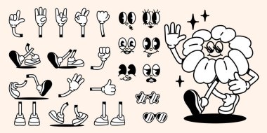 Modaya uygun komik öğeler seti. Retro hipster eller, bacaklar ve yüzler çeşitli duyguları ifade ediyor. El çizimi şirin bir klasik karakter. Doodle vektör illüstrasyon koleksiyonu arkaplanda izole edildi