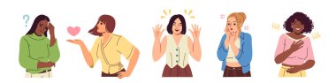 Bir grup jest yapan insan. Kadınlar farklı duyguları vücut dili ve el hareketleriyle ifade ederler. Düşünceli, şaşırmış, gülen ve romantik kızlar. Düz vektör çizimi arkaplanda izole edildi