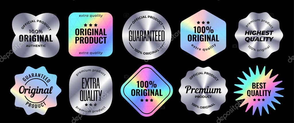 Set of holographic labels. Silver Hologram stickers of different shapes with text stamps. Original product, guarantee and premium quality. Marketing Labels. Vector illustration isolated on background