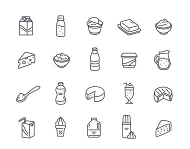 Süt ürünleri çizgisi simgesi seti. Süt, peynir, tereyağı, krema, dondurma ve süzme peynirli basit semboller. Düzenlenebilir felç. Taslak vektör illüstrasyon koleksiyonu beyaz arkaplanda izole edildi