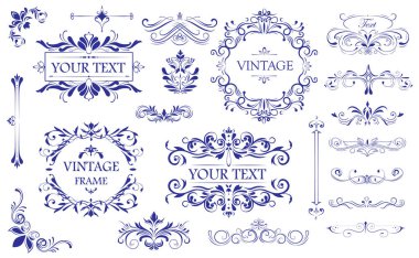 Süslü vintage çerçeve seti. Klasik kaligrafik girdaplar, çiçek motifleri ve dekoratif sınırlar. Düğün davetiyesi ve tebrik kartı için kraliyet tasarımı. Taslak vektör çizimi arkaplanda izole edildi