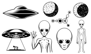 Bir dizi UFO nesnesi. Başka bir gezegenden ve uzay gemisinden gelen uzaylılarla siyah beyaz simgeler ya da çıkartmalar. Yazdırma için tasarım ögesi. El çizimi vektör illüstrasyon koleksiyonu arkaplanda izole