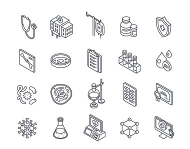 Tıpla ilgili bir dizi çizgi ikonu. Hastane sembolleri, serum, haplar, kan örnekleri, laboratuvar testleri. Düzenlenebilir felç. Beyaz arkaplanda izole edilmiş Isometric 3D vektör illüstrasyon koleksiyonu