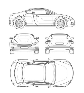 Melez araba şablonu. Farklı açılardan kompakt sedan veya elektrikli arabanın doğrusal planı. Damgalamak için boş araç modeli. Taslak vektör illüstrasyon koleksiyonu beyaz arkaplanda izole edildi