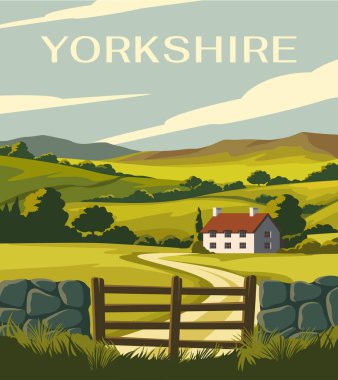 Seyahat yeri posteri. İngiltere 'deki Yorkshire' ın güzel doğal manzarası. Yeşil tarlaları, tepeleri, ormanı ve köy evi olan kırsal bir yer. Turizm ve seyahat. Çizgi film düz vektör çizimi