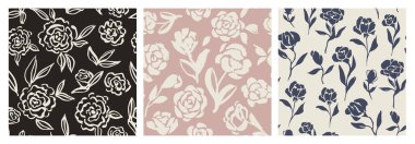 Güllü, pürüzsüz desenler. Çiçek ve bitkilerle tekrar eden süsleri süsleyin. Tekstil için dekoratif tasarım. El çizimi vektör illüstrasyon koleksiyonu arkaplanda izole