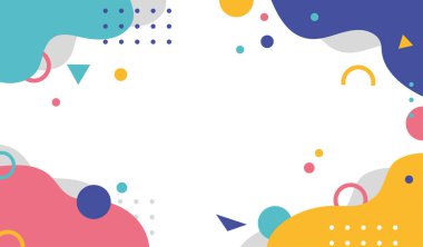 Soyut geometrik arkaplan. Mavi, yeşil, pembe ve sarı soyut noktalar. Noktalar ve geometrik şekiller. Metin ve sunumlar için yer. Düz vektör çizimi beyaz arkaplanda izole edildi