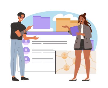 Aday seçimi yapanlar. Erkek ve kadın boş yer için adayları tartışıyor. İK yöneticilerinden oluşan bir takım. Kelle avcılığı ve adam toplama. Düz vektör çizimi beyaz arkaplanda izole edildi