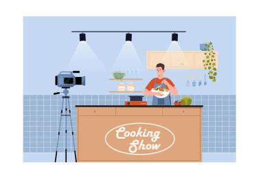 Yemek blogcusu. Elinde tabak olan genç adam kameranın önünde yemek hazırlıyor. Salata pişiriyorum. Ünlü kişi ilginç içerikler yaratır. Düz vektör çizimi beyaz arkaplanda izole edildi