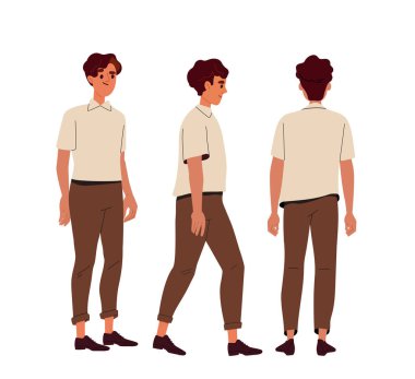 Genç inşaatçı. Çeşitli açılardan bir sürü adam. Duygular ve duygular. Animasyon yaratmak için poz verme seti. Kahverengi saçlı hippi. Düz vektör koleksiyonu beyaz arkaplanda izole edildi