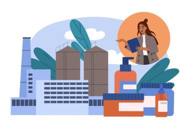 Kozmetik üreten bir kadın. Bitkinin arka planına karşı krem ve losyon sürmüş bir kadın. Endüstriyel fabrika. Cilt ürünleri. Düz vektör çizimi beyaz arkaplanda izole edildi