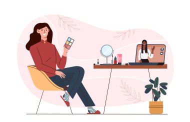 Kadın seçimi çevrimiçi. Elinde paleti olan genç bir kız internette uydurma kurslara bakıyor. Deri ve yüz bakımı prosedürleri, güzellik tedavisi. Düz vektör illüstrasyonu