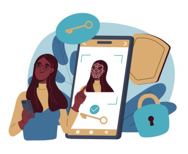 Yüzü tanınan bir kadın. Akıllı telefon ekranının yanındaki genç kız. Biyometrik veri ve yüz tanıma. Kişisel kimlik ve yetki belgesi. Düz vektör çizimi beyaz arkaplanda izole edildi