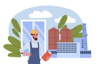 Pencere fabrikasındaki adam. İnşaat üniformalı ve kask giyen bir adam odanın penceresinde bekliyor. Profesyonel usta, zanaatkar. İnşaat ve mühendislik. Düz vektör çizimi beyaz arkaplanda izole edildi