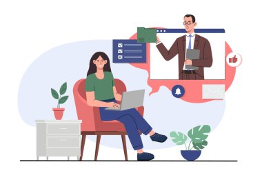 İş yerinden bir kadın arıyor. Bilgisayarlı genç bir kız iş yerinde internette buluşuyor. Video görüşmesi ve konferans. Meslektaşlar ve ortaklar çevrimiçi projeyi tartışıyor. Düz vektör illüstrasyonu