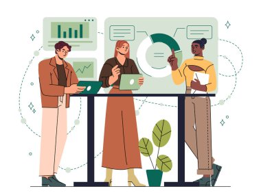 İş toplantısı konsepti. Erkek ve kadın çizelge ve çizelgelerin yanında. Finansal okuryazarlık ve piyasa araştırması. Meslektaşlar ve ortaklar. Düz vektör çizimi beyaz arkaplanda izole edildi