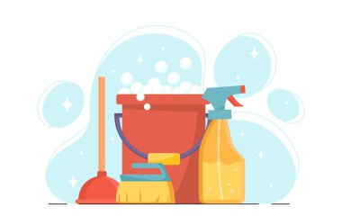 Temizlik malzemeleri. Kova, deterjan ve paspas. Hizmetçi ve ev hanımı. Dezenfeksiyon ve hijyenik. Temizlik ve hijyen. Ev işleri ve rutin işler. Düz vektör illüstrasyonu