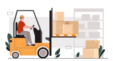 Depo lojistik konsepti. Depoda forklift olan bir adam. Lojistik, nakliye ve dağıtım. Karton kutuları olan bir işçi. Düz vektör çizimi beyaz arkaplanda izole edildi
