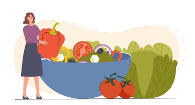 Sağlıklı beslenen bir kadın. Elinde bir kase doğal ve organik vitaminli ürünler olan genç bir kız. Domates, biber, marul, lahana. Düz vektör çizimi beyaz arkaplanda izole edildi