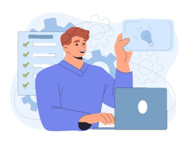 Dizüstü bilgisayarla odaklanmış bir yönetici. Panonun yanında bilgisayarı olan genç bir adam. İş yerindeki şirket işadamı. Zaman yönetimi ve verimli iş akışı. Düz vektör çizimi beyaz arkaplanda izole edildi