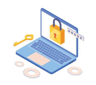 Bilgisayarda internet güvenliği. Asma kilit ve anahtar bilgisayarda. İnternetteki kişisel bilgilerin güvenliği ve korunması. Antivirüs ve hacker saldırısı önleme. İzometrik vektör illüstrasyonu